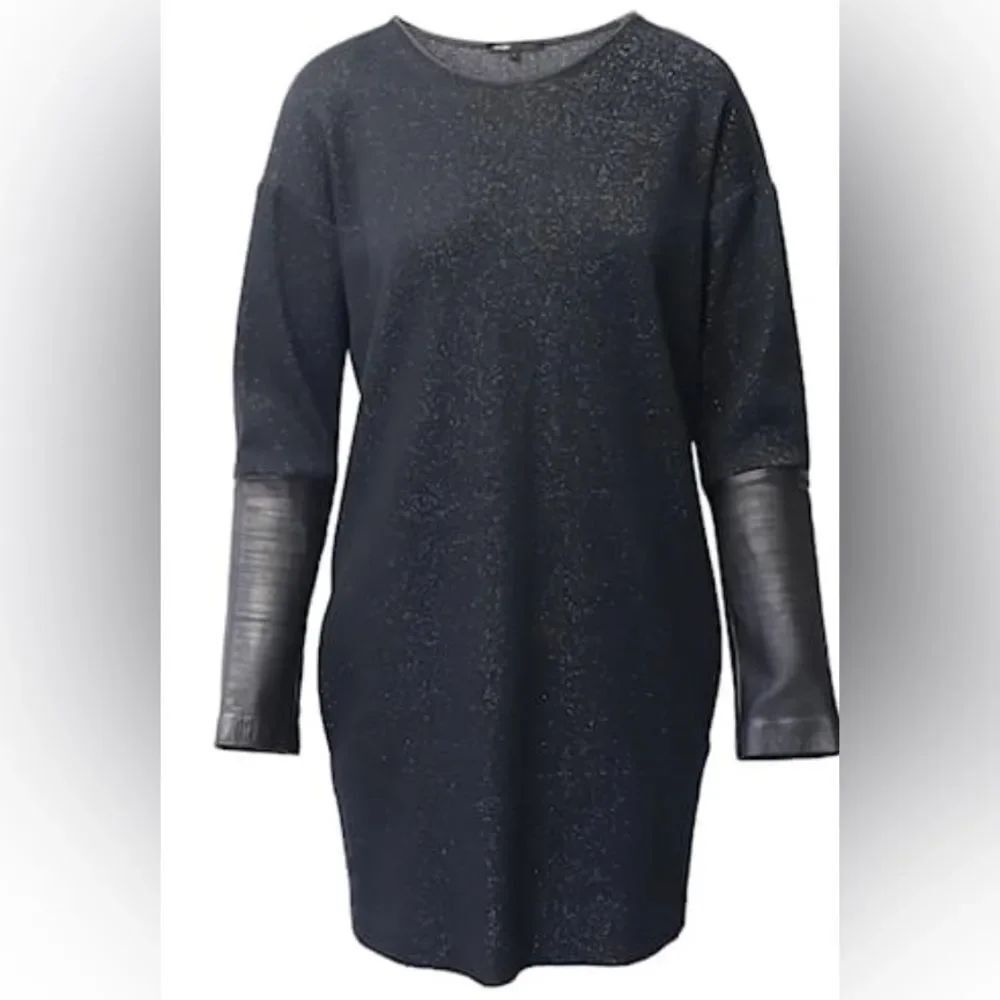 Maje Sparkle Black Long-Sleeve Shift Dress with genuine Leather Cuffs, M